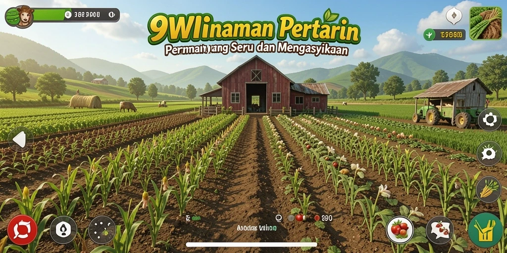 Screenshot utama 9WIN menampilkan kebun yang subur dengan tanaman berwarna-warni.