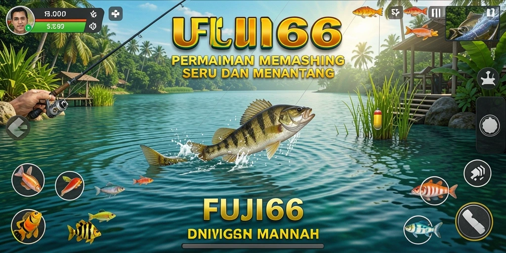 Screenshot utama FUJI66 menampilkan pemain asyik memancing di danau yang indah.
