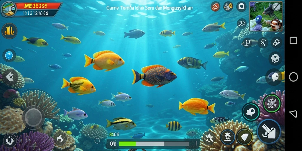 Gameplay seru dalam ME355 menunjukkan momen menembak ikan.