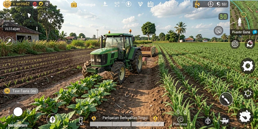Tampilan gameplay VV62 dengan ladang yang subur dan hewan ternak.